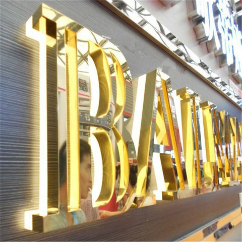 Factory Outlet Outdoor back lit golden color letter sign, stainless steel advertising led character restaurant company name sign